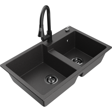 Mexen Tomas granite sink 2-chamber with kitchen tap Elia, black speckled - 6516-76-670101-70-B