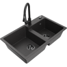 Mexen Tomas granite double-bowl kitchen sink with Elia kitchen faucet, speckled black - 6516-76-670101-70-B