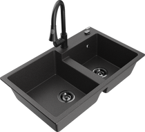 Mexen Tomas granite kitchen sink 2-bowl with Elia kitchen faucet, black speckled - 6516-76-670101-70-B