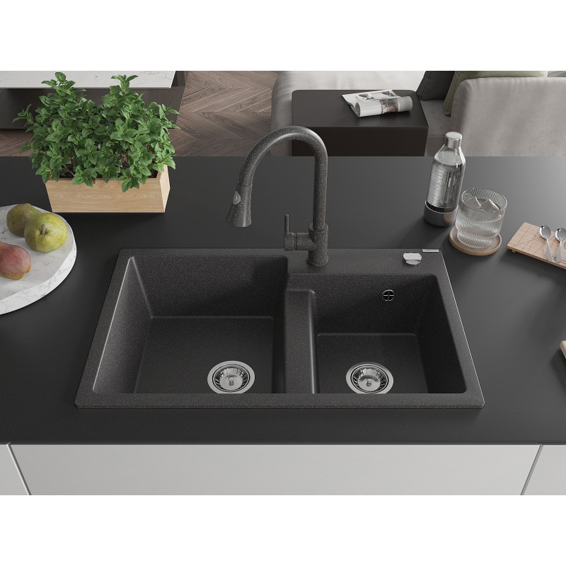 Mexen Tomas granite double-bowl kitchen sink with Elia faucet, black speckled - 6516-76-670101-76