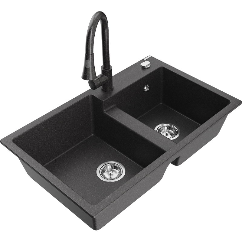 Mexen Tomas 2-compartment granite sink with a kitchen mixer tap Elia, spotted black - 6516-76-670101-76