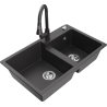 Mexen Tomas granite double-bowl kitchen sink with Elia faucet, black speckled - 6516-76-670101-76