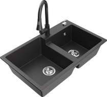 Mexen Tomas granite double-bowl kitchen sink with Elia faucet, black speckled - 6516-76-670101-76
