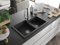 Mexen Tomas 2-compartment granite sink with a kitchen mixer tap Elia, Black - 6516-77-670101-00