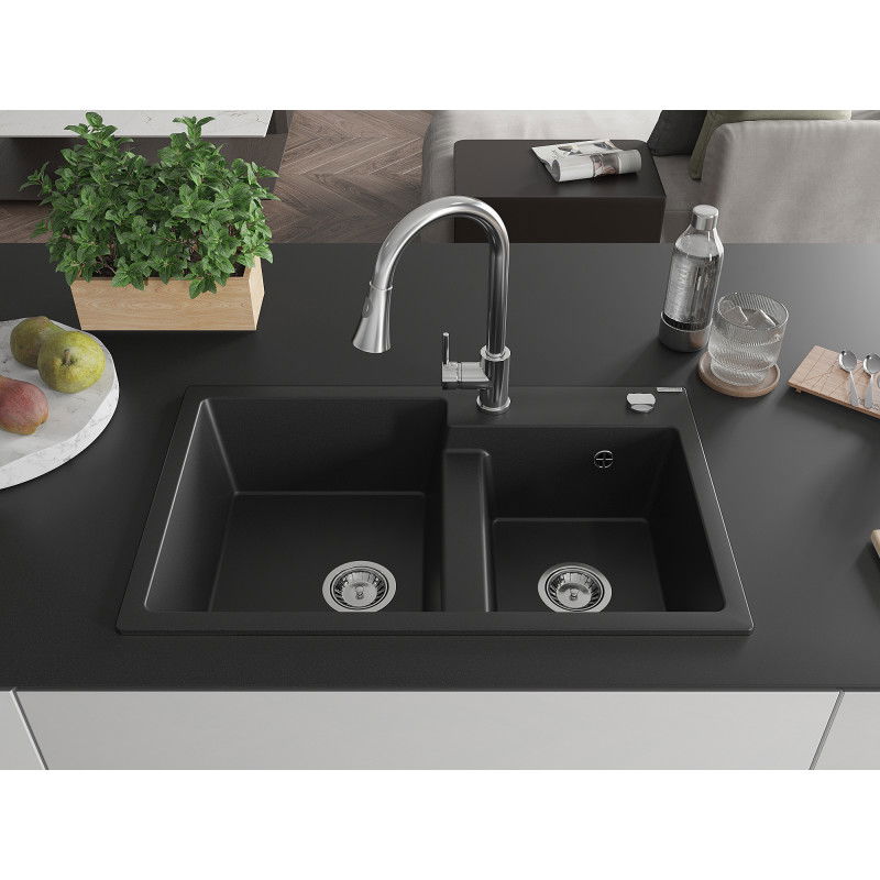 Mexen Tomas granite double sink with Elia kitchen tap, black - 6516-77-670101-00