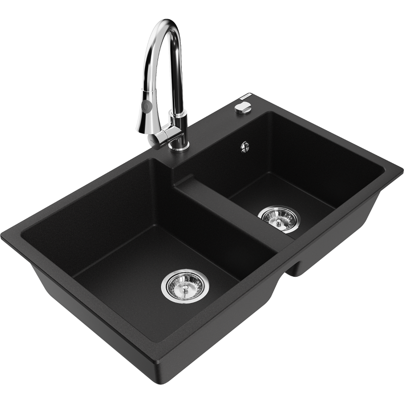 Mexen Tomas 2-compartment granite sink with a kitchen mixer tap Elia, Black - 6516-77-670101-00