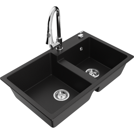 Mexen Tomas 2-compartment granite sink with a kitchen mixer tap Elia, Black - 6516-77-670101-00