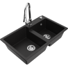 Mexen Tomas granite double-bowl kitchen sink with Elia faucet, black - 6516-77-670101-00