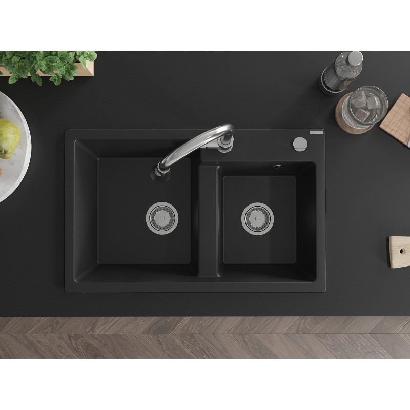 Mexen Tomas 2-bowl granite sink with kitchen faucet Elia, black - 6516-77-670101-00