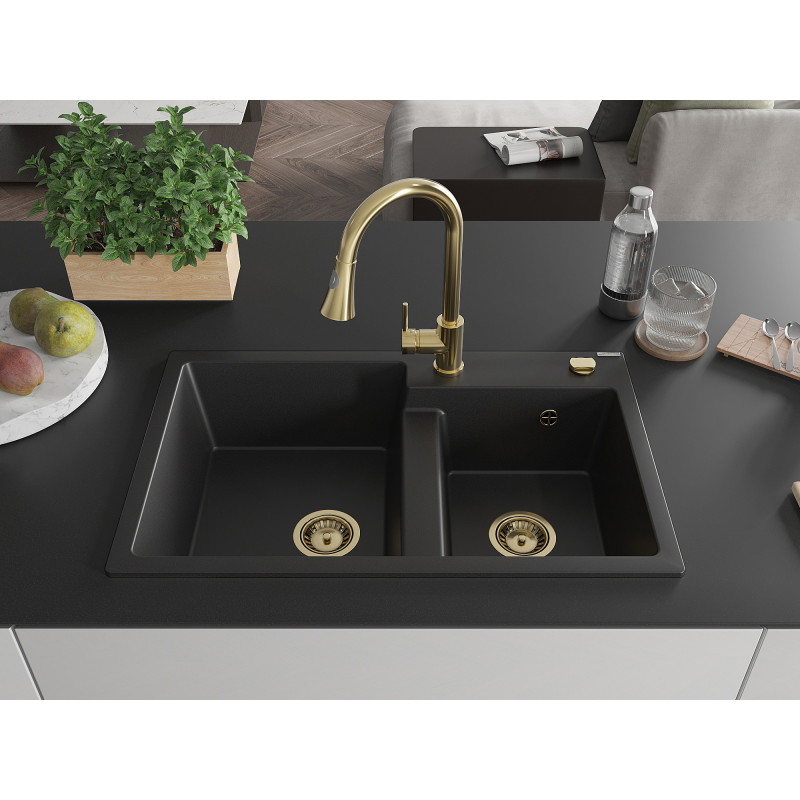 Mexen Tomas granite double-bowl kitchen sink with Elia kitchen faucet, black - 6516-77-670101-50