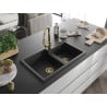 Mexen Tomas granite 2-bowl sink with Elia kitchen tap, black - 6516-77-670101-50