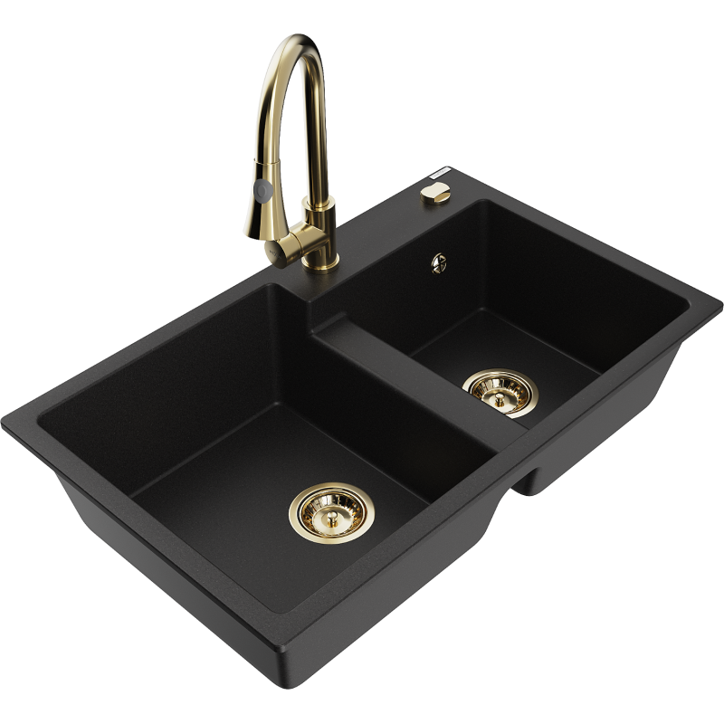 Mexen Tomas granite 2-bowl sink with Elia kitchen tap, black - 6516-77-670101-50