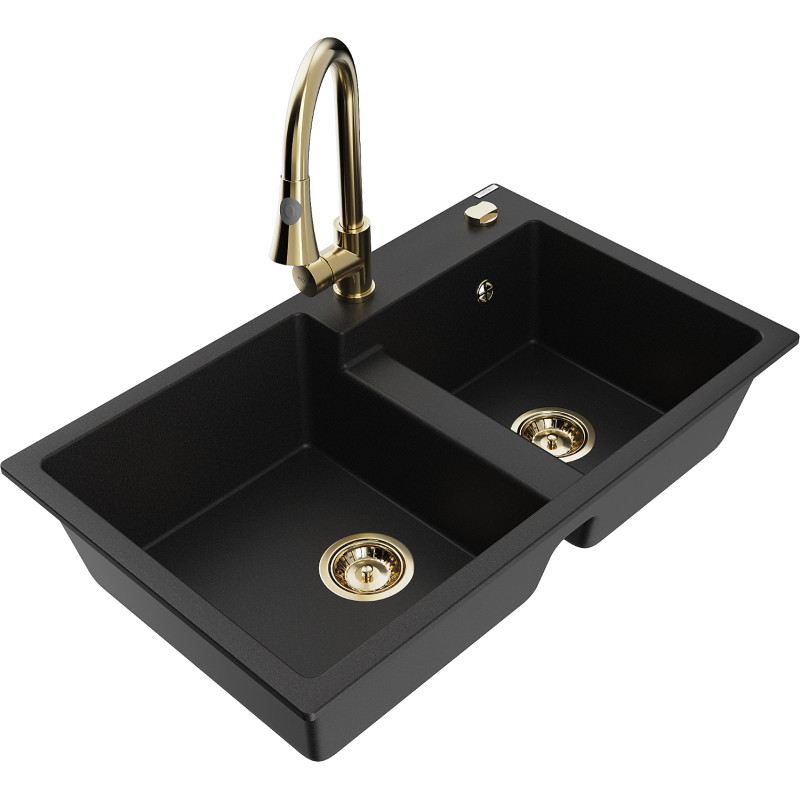 Mexen Tomas granite double-bowl kitchen sink with Elia faucet, black - 6516-77-670101-50