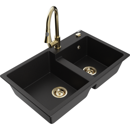 Mexen Tomas granite 2-bowl sink with Elia kitchen tap, black - 6516-77-670101-50