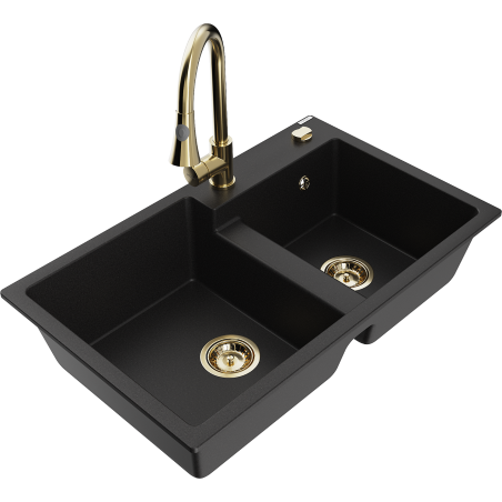 Mexen Tomas granite double-bowl kitchen sink with Elia kitchen faucet, black - 6516-77-670101-50