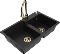 Mexen Tomas granite double-bowl kitchen sink with Elia faucet, black - 6516-77-670101-50