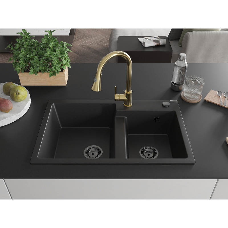 Mexen Tomas granite 2-bowl kitchen sink with Elia faucet, black - 6516-77-670101-50-B