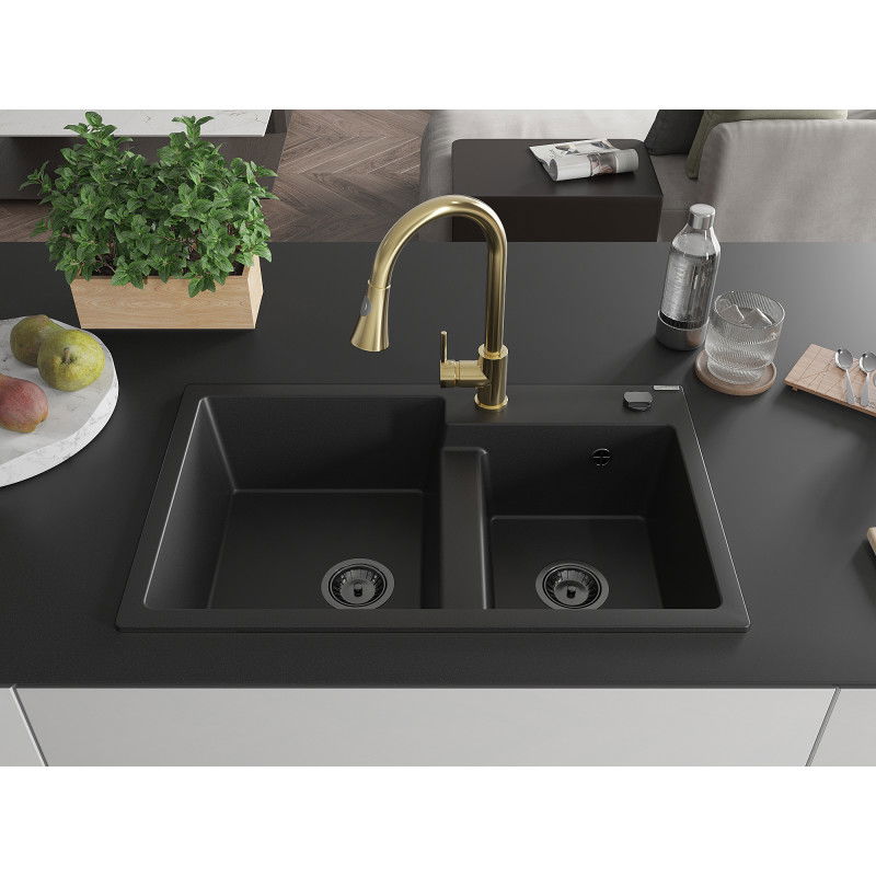 Mexen Tomas granite double sink with Elia kitchen tap, black - 6516-77-670101-50-B