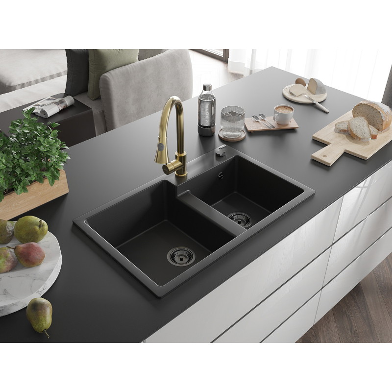 Mexen Tomas granite double-bowl sink with Elia kitchen faucet, black - 6516-77-670101-50-B