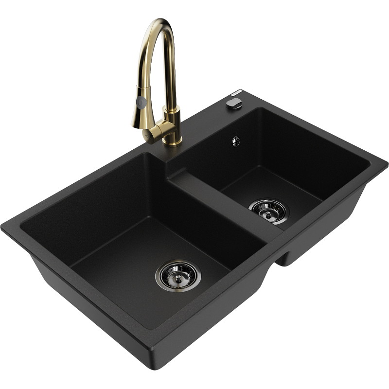Mexen Tomas granite 2-bowl kitchen sink with Elia faucet, black - 6516-77-670101-50-B