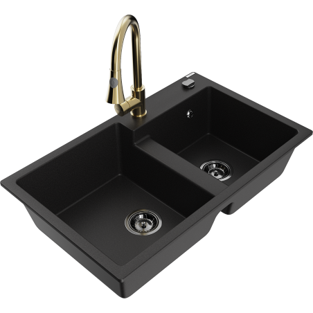 Mexen Tomas granite double-bowl sink with Elia kitchen faucet, black - 6516-77-670101-50-B