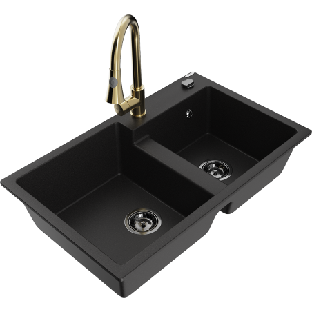Mexen Tomas granite double sink with Elia kitchen tap, black - 6516-77-670101-50-B
