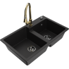 Mexen Tomas granite double-bowl sink with Elia kitchen faucet, black - 6516-77-670101-50-B