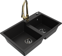 Mexen Tomas granite 2-bowl kitchen sink with Elia faucet, black - 6516-77-670101-50-B