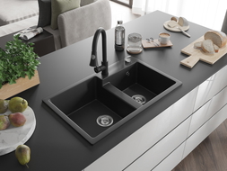 Mexen Tomas 2-Compartment Granite Sink with Elia Kitchen Faucet, Black - 6516-77-670101-70
