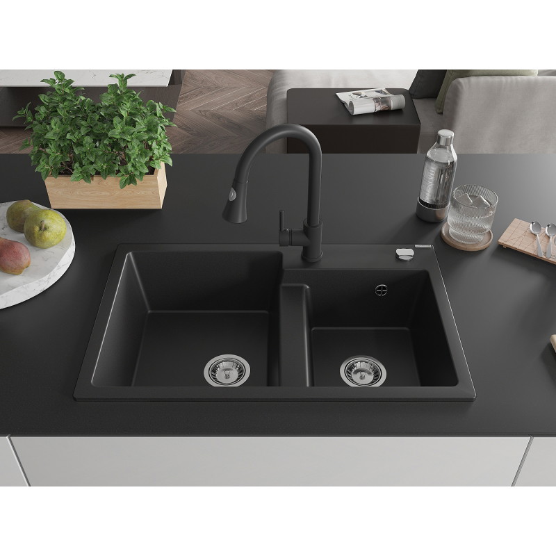 Mexen Tomas 2-bowl granite kitchen sink with Elia faucet, black - 6516-77-670101-70