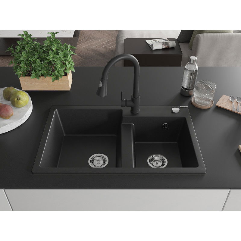 Mexen Tomas granite sink 2-bowl with Elia kitchen tap, black - 6516-77-670101-70