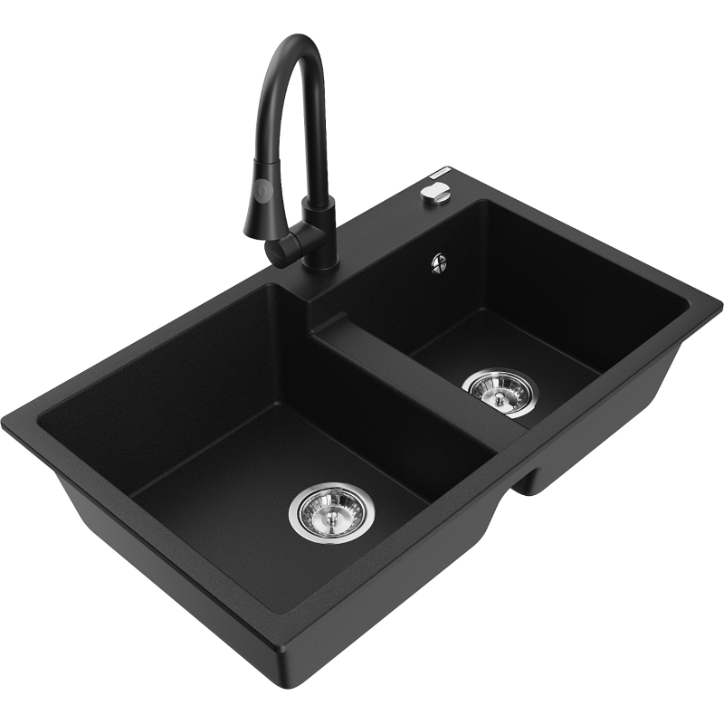 Mexen Tomas granite sink 2-bowl with Elia kitchen tap, black - 6516-77-670101-70