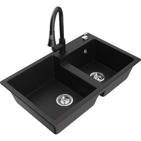 Mexen Tomas 2-bowl granite kitchen sink with Elia faucet, black - 6516-77-670101-70