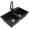 Mexen Tomas granite sink 2-bowl with Elia kitchen tap, black - 6516-77-670101-70
