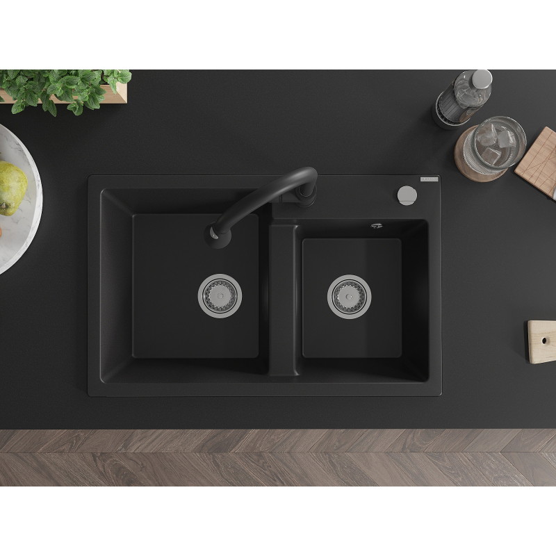 Mexen Tomas 2-bowl granite kitchen sink with Elia faucet, black - 6516-77-670101-70