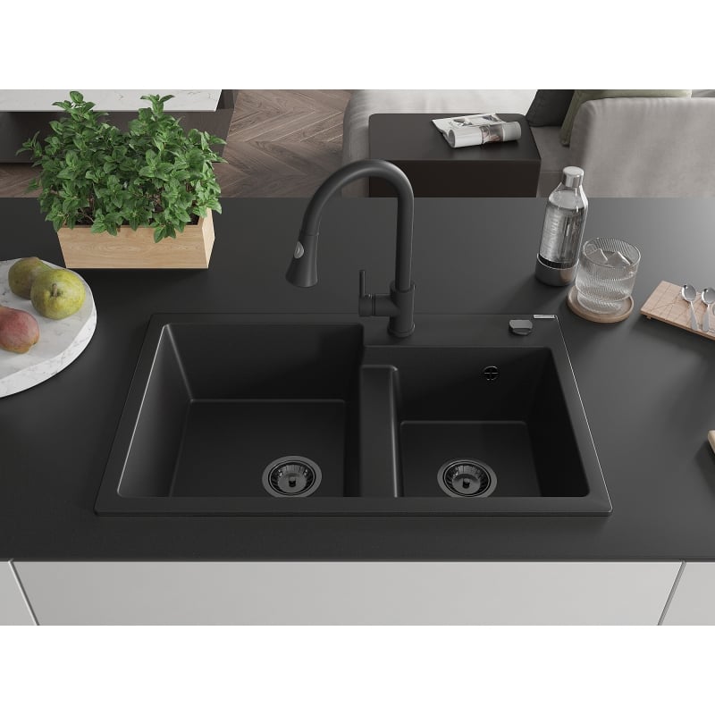 Mexen Tomas granite double-bowl sink with Elia kitchen faucet, black - 6516-77-670101-70-B