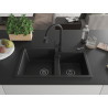 Mexen Tomas granite double-bowl sink with Elia kitchen faucet, black - 6516-77-670101-70-B