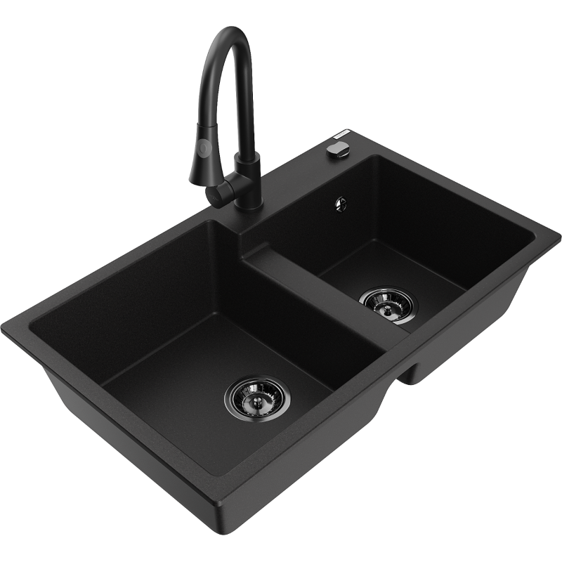 Mexen Tomas 2-compartment granite sink with a kitchen mixer tap Elia, Black - 6516-77-670101-70-B