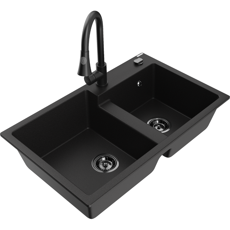 Mexen Tomas granite kitchen sink with 2 compartments and Elia kitchen tap, black - 6516-77-670101-70-B