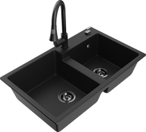 Mexen Tomas granite double-bowl sink with Elia kitchen faucet, black - 6516-77-670101-70-B