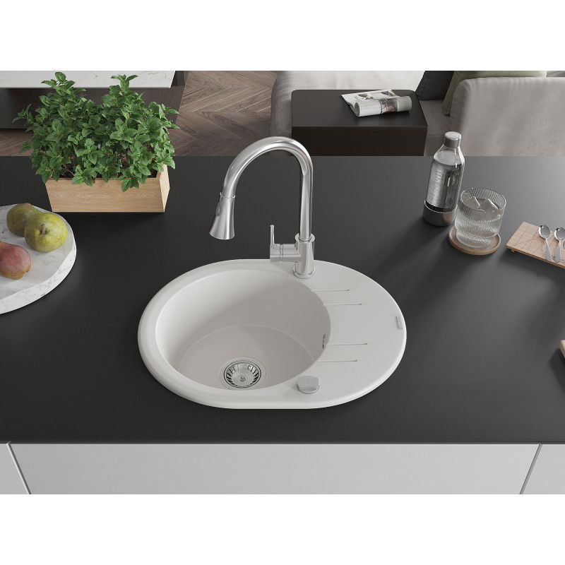 Mexen Kevin 1-bowl granite sink with drainer and Elia kitchen tap, white - 6517-20-670101-00