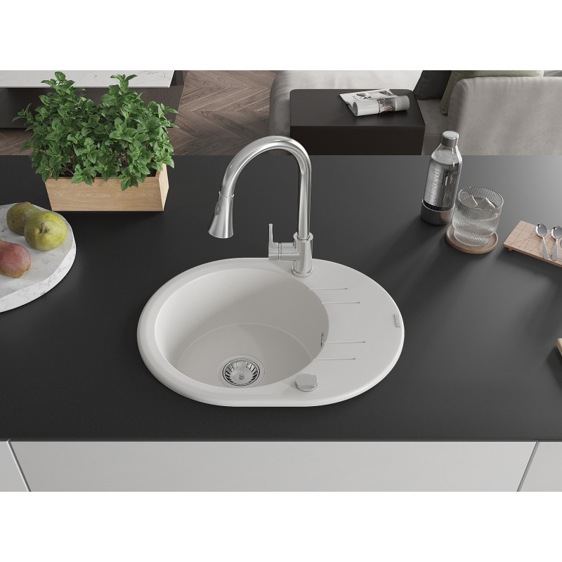 Mexen Kevin 1-bowl granite sink with drainer and kitchen faucet Elia, white - 6517-20-670101-00