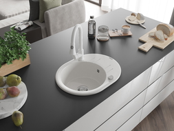Mexen Kevin 1-compartment granite sink with a drip tray and kitchen mixer tap Elia, White - 6517-20-670101-20