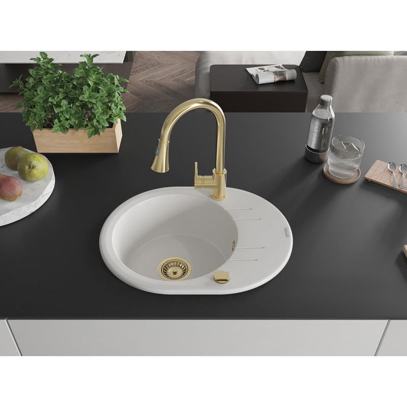 Mexen Kevin 1-bowl granite sink with drainer and kitchen faucet Elia, white - 6517-20-670101-50