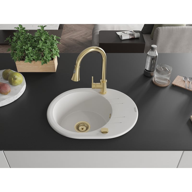 Mexen Kevin granite kitchen sink 1-bowl with drainer and kitchen faucet Elia, white - 6517-20-670101-50