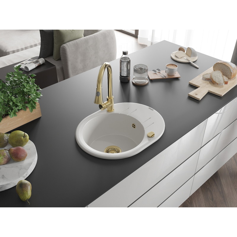 Mexen Kevin 1-bowl granite sink with drainer and kitchen faucet Elia, white - 6517-20-670101-50