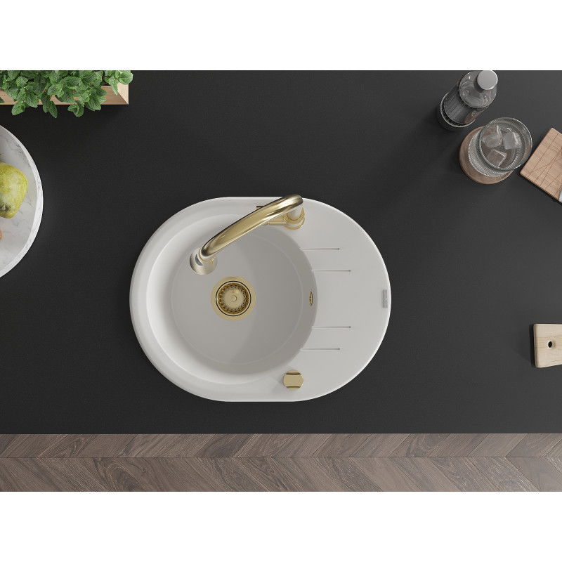 Mexen Kevin granite sink single-bowl with drainer and Elia kitchen tap, white - 6517-20-670101-50