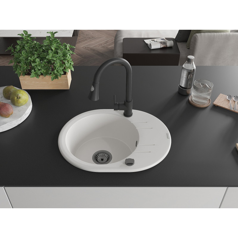 Mexen Kevin granite kitchen sink, single bowl with drainer and Elia kitchen faucet, white - 6517-20-670101-70