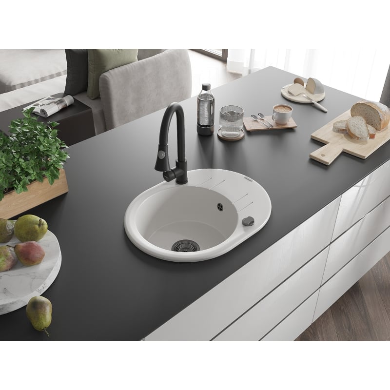 Mexen Kevin granite kitchen sink 1-bowl with drainer and kitchen faucet Elia, white - 6517-20-670101-70
