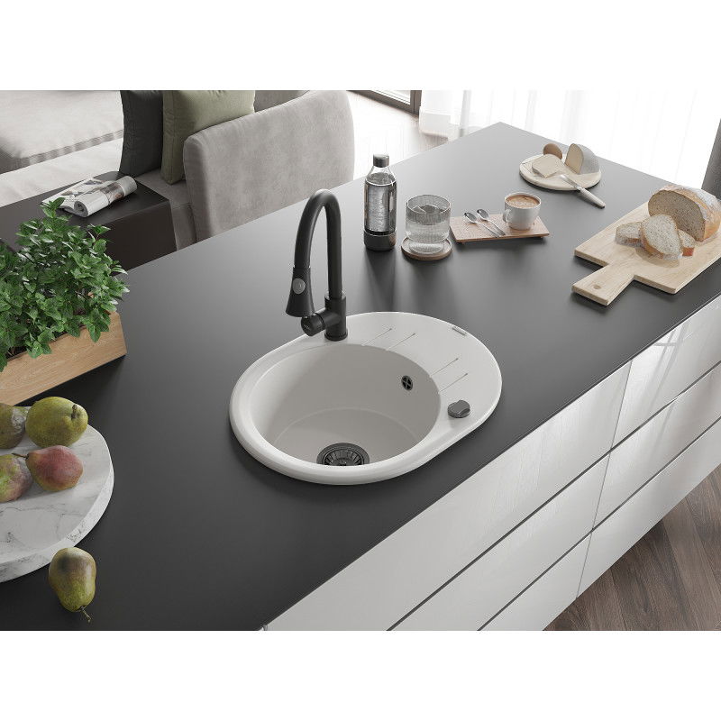 Mexen Kevin granite sink 1-bowl with drainer and Elia kitchen tap, white - 6517-20-670101-70
